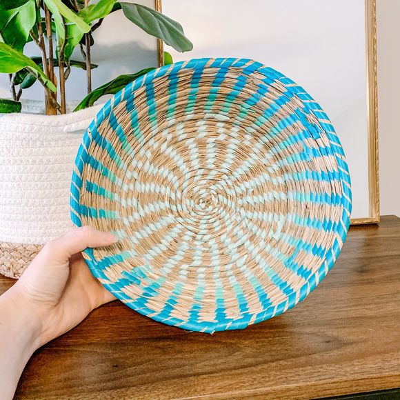 Boho Blue Woven Wicker Storage Basket Bowl - Picture 3 of 6
